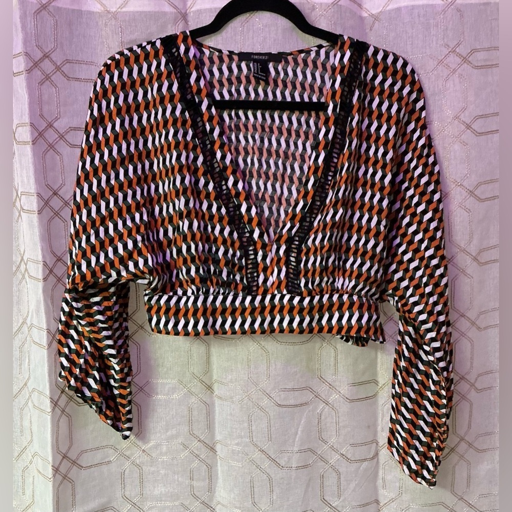 Forever 21 Black and White Smocked Crop Blouse